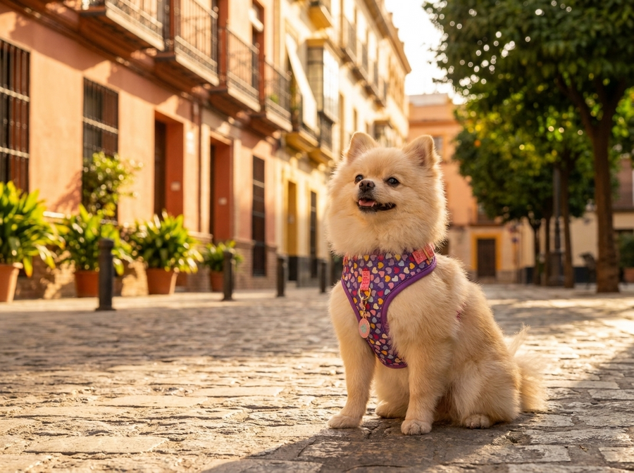 Perro pequeño con arnés WALKO paseando por una calle de ciudad española