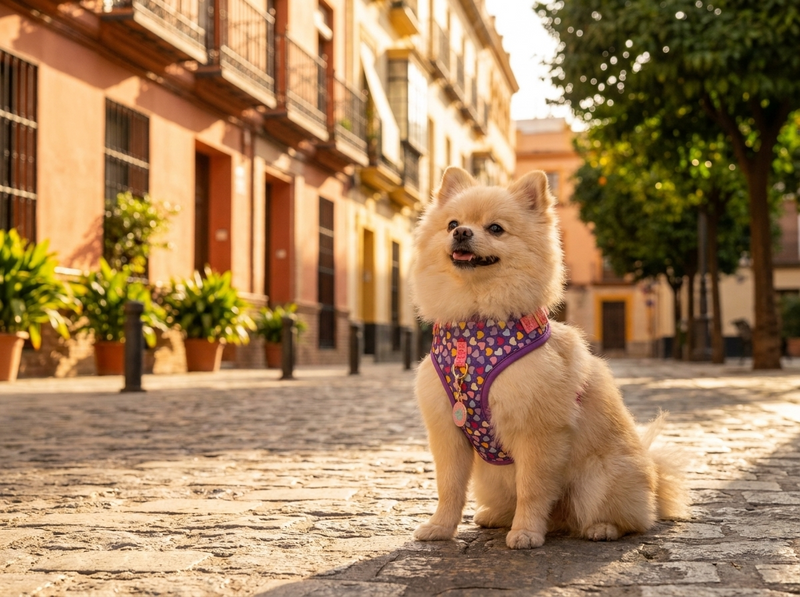 Perro pequeño con arnés WALKO paseando por una calle de ciudad española