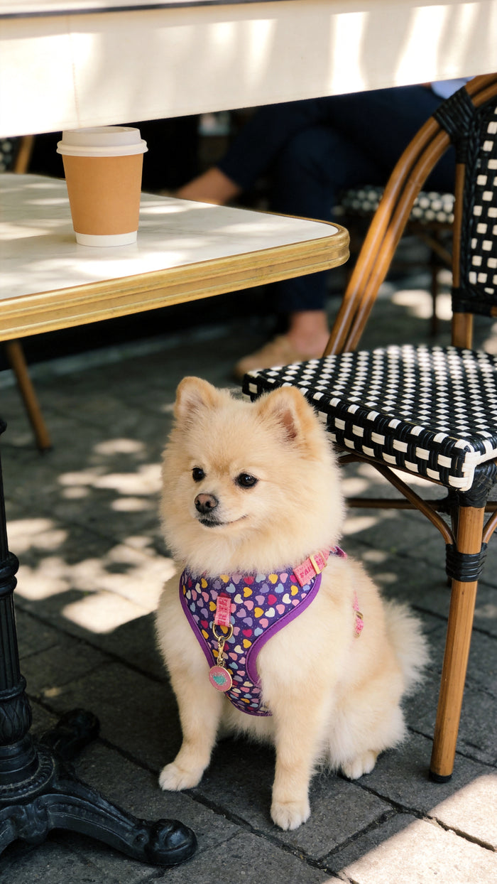 Perro pequeño con el arnés WALKO en una terraza de café